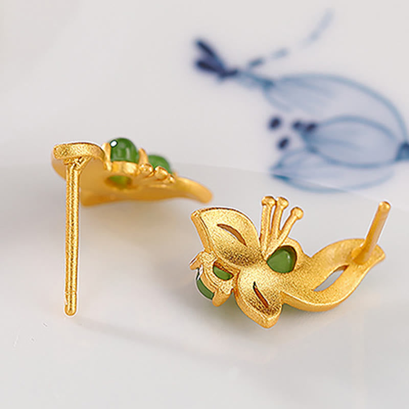 Buddha Stones 925 Sterling Silver Plated Gold Natural Cyan Jade Butterfly Luck Healing Earrings - image 4