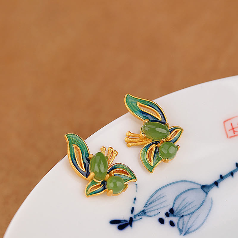Buddha Stones 925 Sterling Silver Plated Gold Natural Cyan Jade Butterfly Luck Healing Earrings - image 3