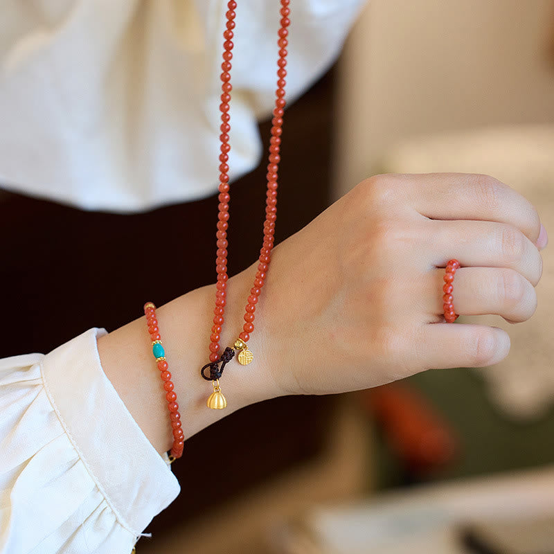 Buddha Stones 925 Sterling Silver Plated Gold Natural Red Agate Turquoise Confidence Bracelet Necklace Pendant Ring Set - 3Pcs(Necklace Bracelet&Ring) - image 0