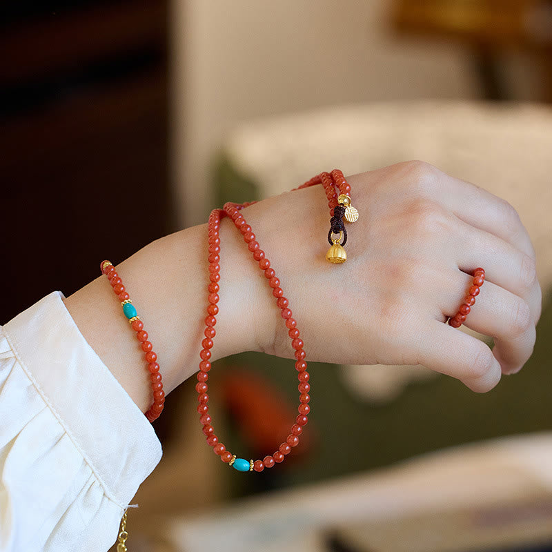 Buddha Stones 925 Sterling Silver Plated Gold Natural Red Agate Turquoise Confidence Bracelet Necklace Pendant Ring Set - image 1