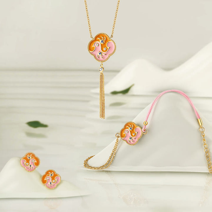 Buddha Stones 18K Gold Plated Copper Two Birds Zircon Healing Necklace Pendant Bracelet Earrings Set - 3Pcs(Necklace Bracelet&Earrings) - image 0