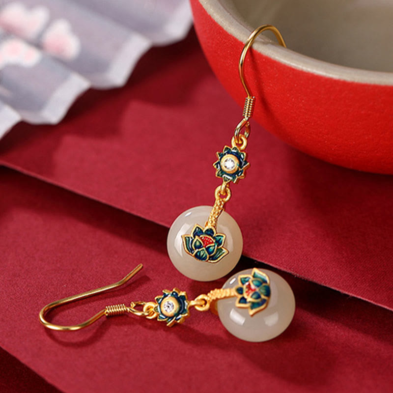 Buddha Stones 925 Sterling Silver Plated Gold Hetian Jade Lotus Luck Ring Earrings Set - image 8