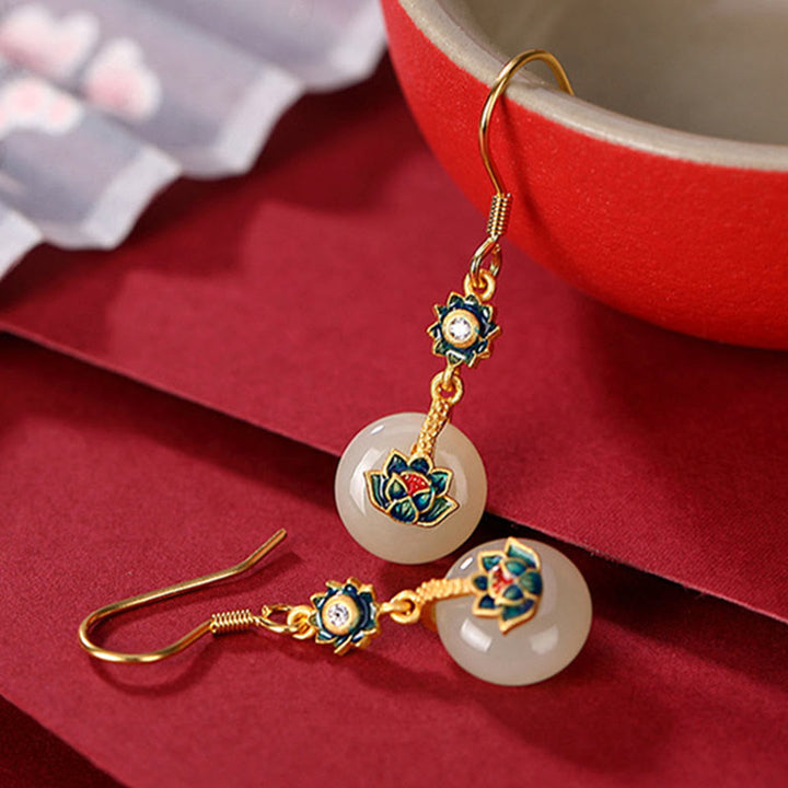 Buddha Stones 925 Sterling Silver Plated Gold Hetian Jade Lotus Luck Ring Earrings Set - image 8