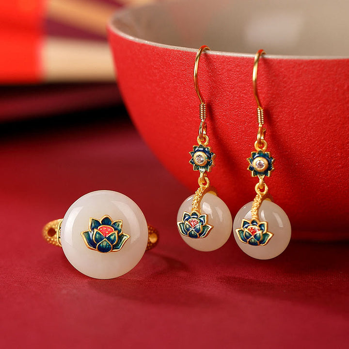 Buddha Stones 925 Sterling Silver Plated Gold Hetian Jade Lotus Luck Ring Earrings Set - 2Pcs(Ring&Earrings) - image 0