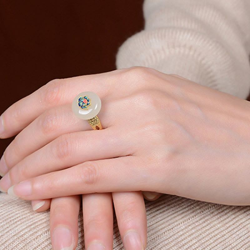 Buddha Stones 925 Sterling Silver Plated Gold Hetian Jade Lotus Luck Ring Earrings Set - image 4