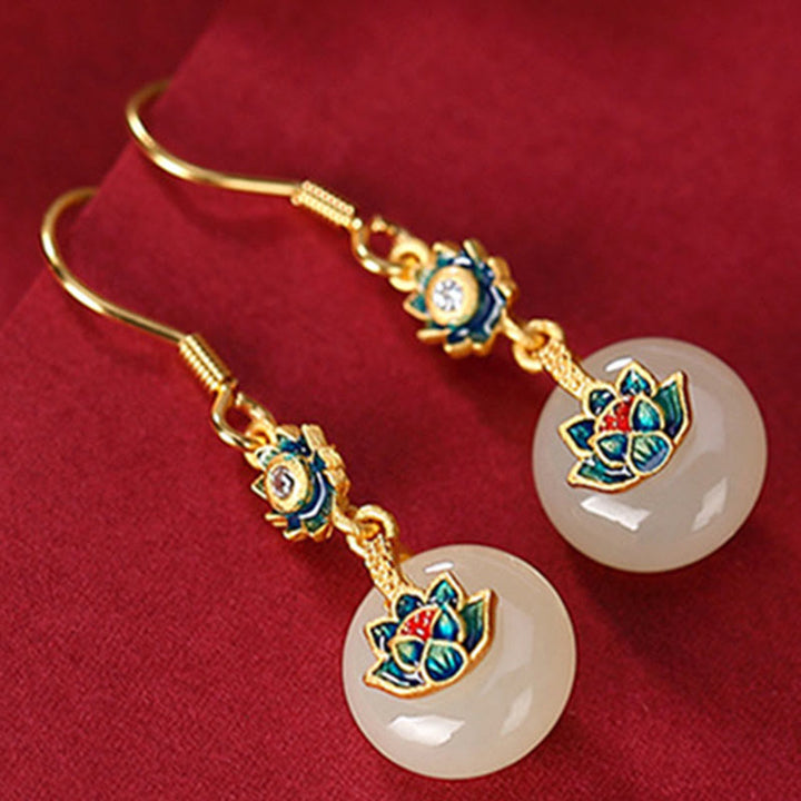 Buddha Stones 925 Sterling Silver Plated Gold Hetian Jade Lotus Luck Ring Earrings Set - image 9