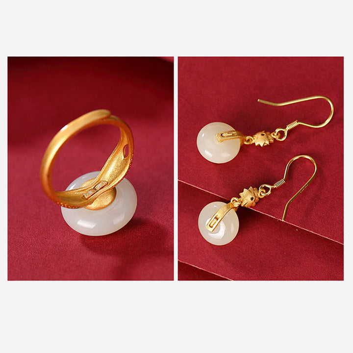 Buddha Stones 925 Sterling Silver Plated Gold Hetian Jade Lotus Luck Ring Earrings Set - image 11