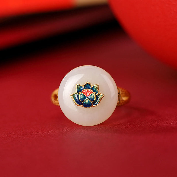 Buddha Stones 925 Sterling Silver Plated Gold Hetian Jade Lotus Luck Ring Earrings Set - image 3