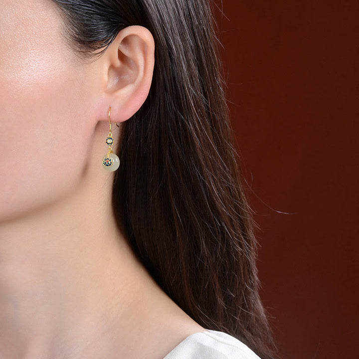 Buddha Stones 925 Sterling Silver Plated Gold Hetian Jade Lotus Luck Ring Earrings Set - image 10