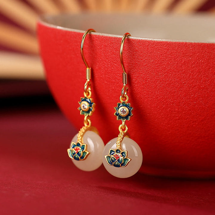 Buddha Stones 925 Sterling Silver Plated Gold Hetian Jade Lotus Luck Ring Earrings Set - Earrings - image 6