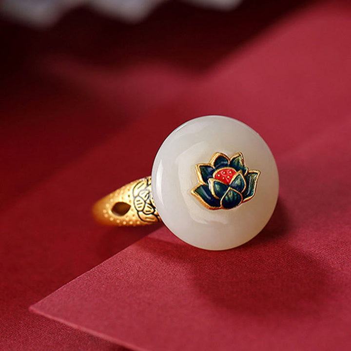 Buddha Stones 925 Sterling Silver Plated Gold Hetian Jade Lotus Luck Ring Earrings Set - image 2