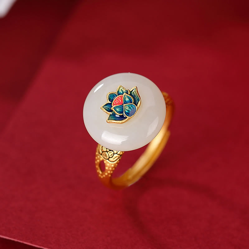 Buddha Stones 925 Sterling Silver Plated Gold Hetian Jade Lotus Luck Ring Earrings Set - Ring(Inner Circumference 54-60mm Adjustable) - image 1