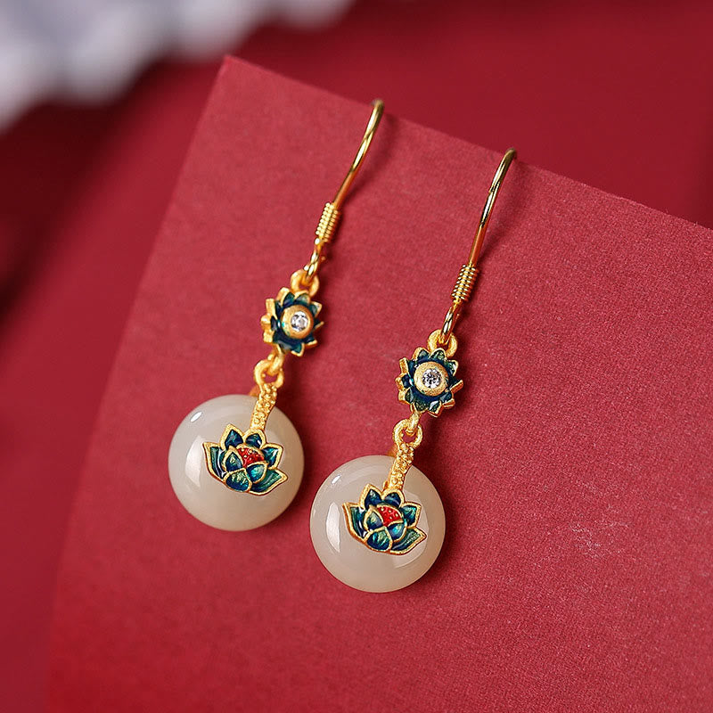 Buddha Stones 925 Sterling Silver Plated Gold Hetian Jade Lotus Luck Ring Earrings Set - image 7