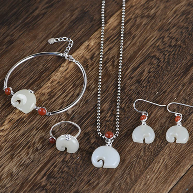 Buddha Stones 925 Sterling Silver Elephant Hetian Jade Abundance Necklace Pendant Bracelet Ring Earrings Set - image 1