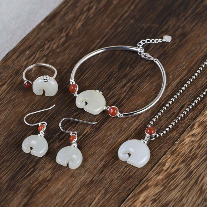 Buddha Stones 925 Sterling Silver Elephant Hetian Jade Abundance Necklace Pendant Bracelet Ring Earrings Set - 4Pcs(Necklace Bracelet Ring&Earrings) - image 0