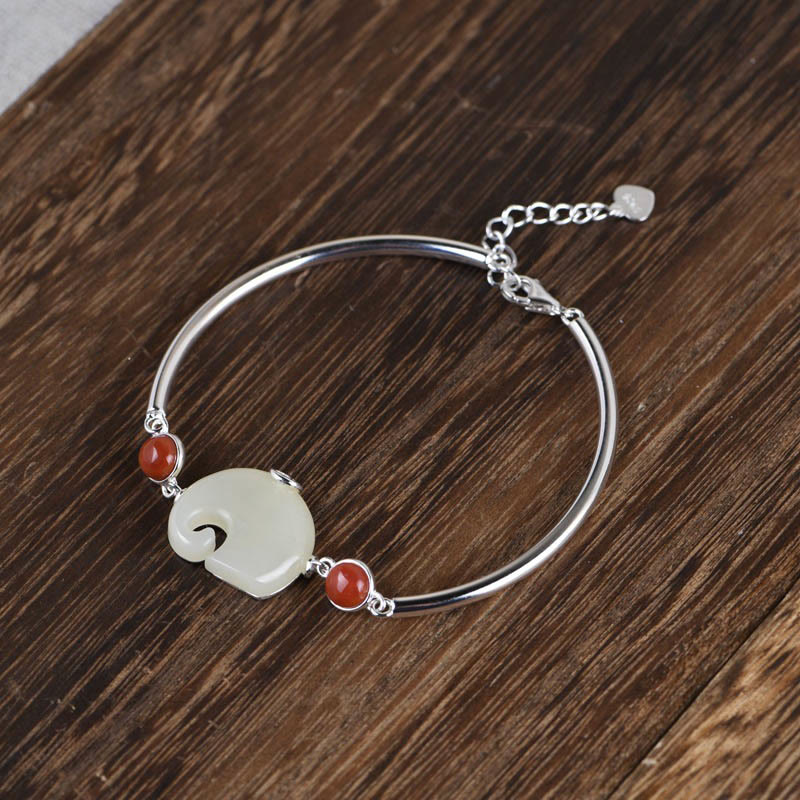 Buddha Stones 925 Sterling Silver Elephant Hetian Jade Abundance Necklace Pendant Bracelet Ring Earrings Set - image 5