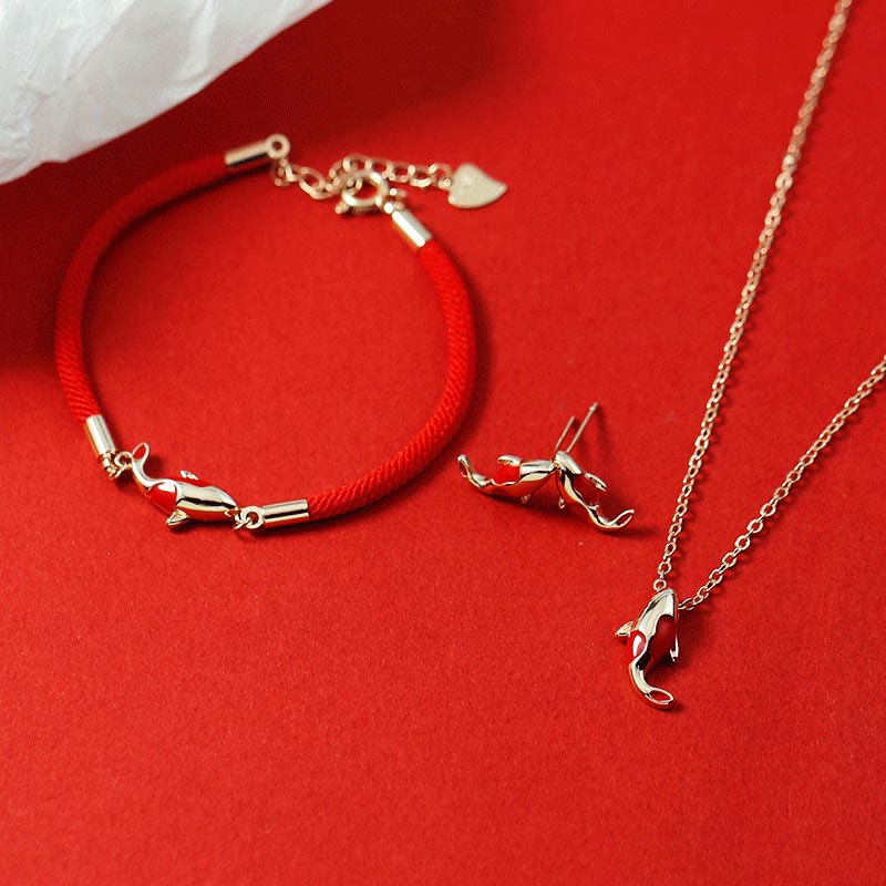 Buddha Stones Copper Koi Fish Wealth Necklace Pendant Red Rope Bracelet Earrings Set - 3Pcs(Bracelet Necklace&Earrings) - image 0