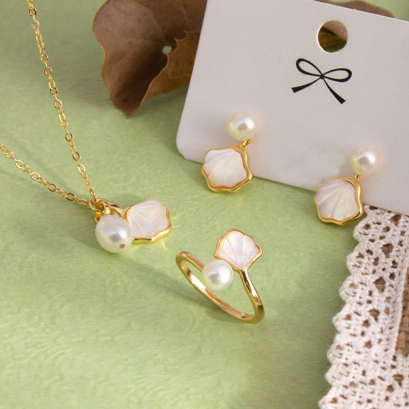 Buddha Stones Ginkgo Tridacna Stone Pearl Bead Copper Blessing Necklace Pendant Ring Earrings Set - 3Pcs(Necklace&Ring&Earrings) - image 0