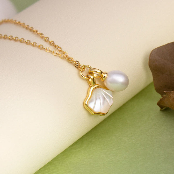 Buddha Stones Ginkgo Tridacna Stone Pearl Bead Copper Blessing Necklace Pendant Ring Earrings Set - Necklace - image 4