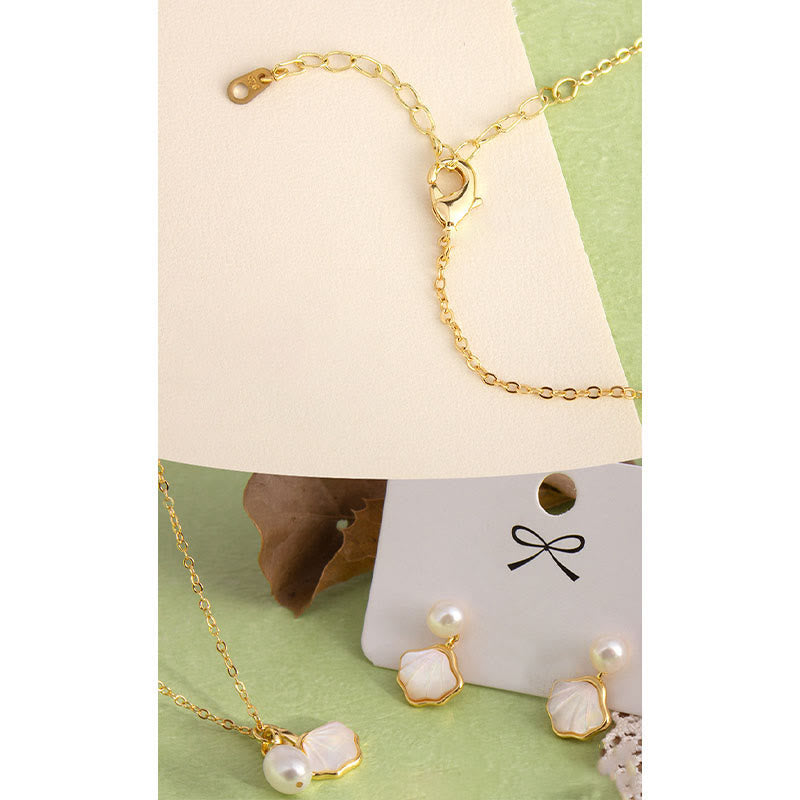 Buddha Stones Ginkgo Tridacna Stone Pearl Bead Copper Blessing Necklace Pendant Ring Earrings Set - image 3