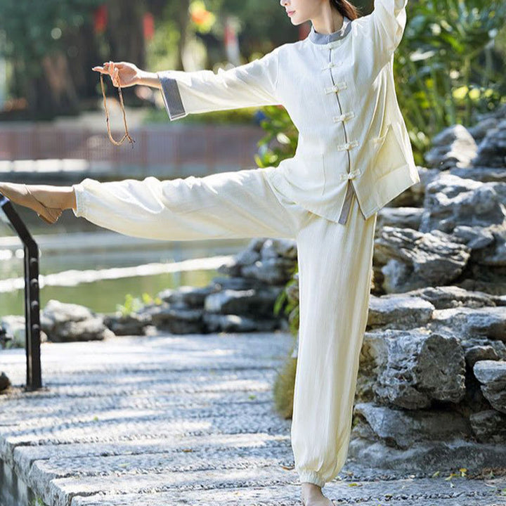 Buddha Stones 2Pcs Frog-Button Long Sleeve Shirt Top Pants Meditation Zen Tai Chi Cotton Linen Clothing Women's Set - image 3