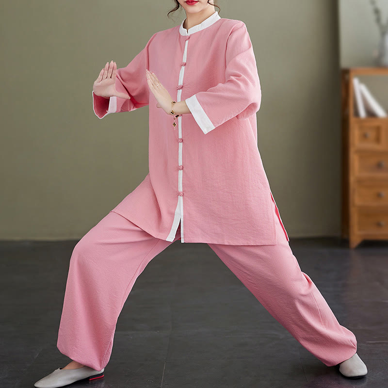 Buddha Stones 2Pcs Vintage Long Sleeve Shirt Top Pants Meditation Zen Tai Chi Cotton Linen Clothing Women's Set - Pink(Top&Pants) - US8-10，UK/AU12-14，EU40-42 (2XL) - image 0