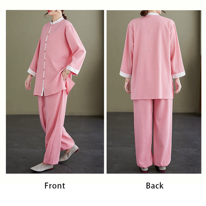 Buddha Stones 2Pcs Vintage Long Sleeve Shirt Top Pants Meditation Zen Tai Chi Cotton Linen Clothing Women's Set - image 4