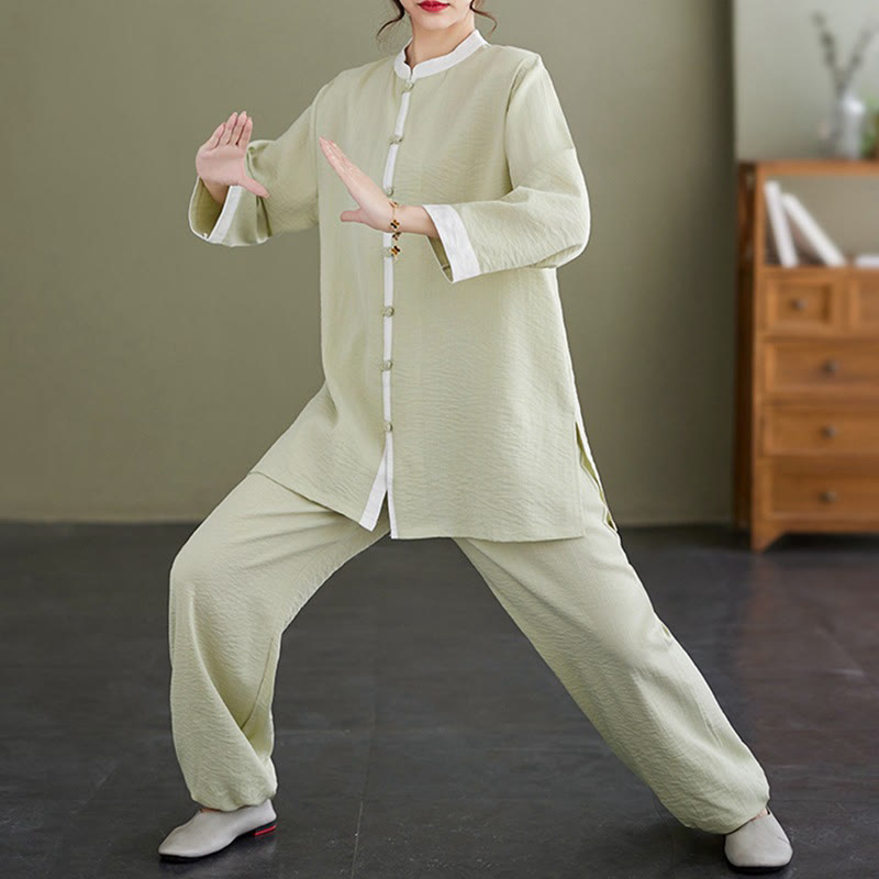 Buddha Stones 2Pcs Vintage Long Sleeve Shirt Top Pants Meditation Zen Tai Chi Cotton Linen Clothing Women's Set - Beige(Top&Pants) - US8-10，UK/AU12-14，EU40-42 (2XL) - image 12