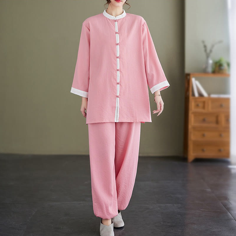 Buddha Stones 2Pcs Vintage Long Sleeve Shirt Top Pants Meditation Zen Tai Chi Cotton Linen Clothing Women's Set - image 2