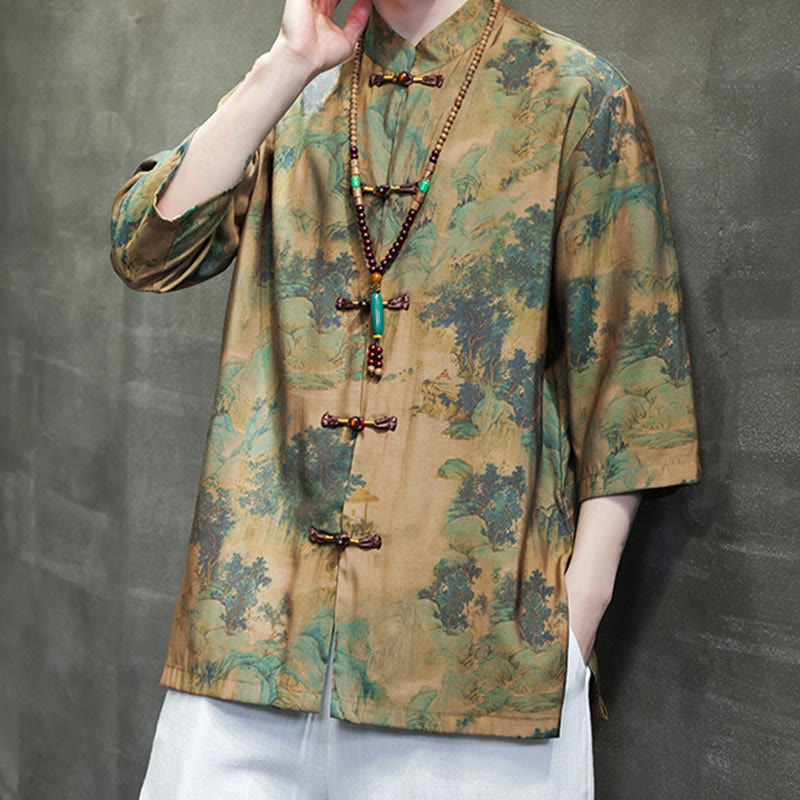 Buddha Stones Landscape Chinese Dragon Pattern Chinese Three Quarter Sleeve Shirt Men T-shirt - image 1