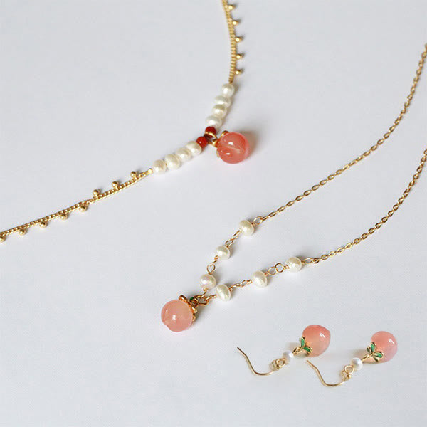 Buddha Stones Gold-plated Copper Natural Yanyuan Agate Pearl Positive Necklace Pendant Bracelet Earrings Set - 3Pcs(Necklace Bracelet&Earrings) - image 1