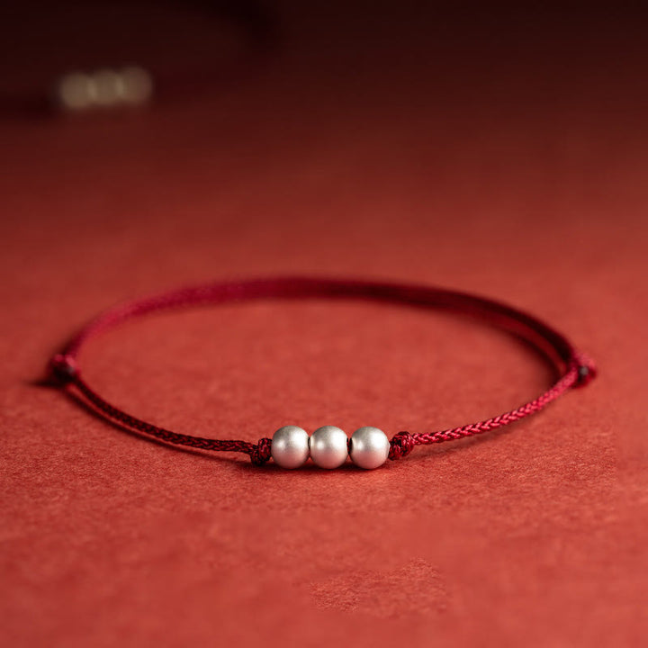 Buddha Stones 925 Sterling Silver Three Beads Protection String Bracelet Anklet - Bracelet(Wrist Circumference 14-18cm) - image 0