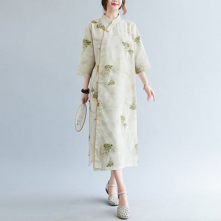 Buddha Stones Flowers Green Yellow Leaves Print Cheongsam Midi Dress Three Quarter Sleeve Dress With Pockets - image 5