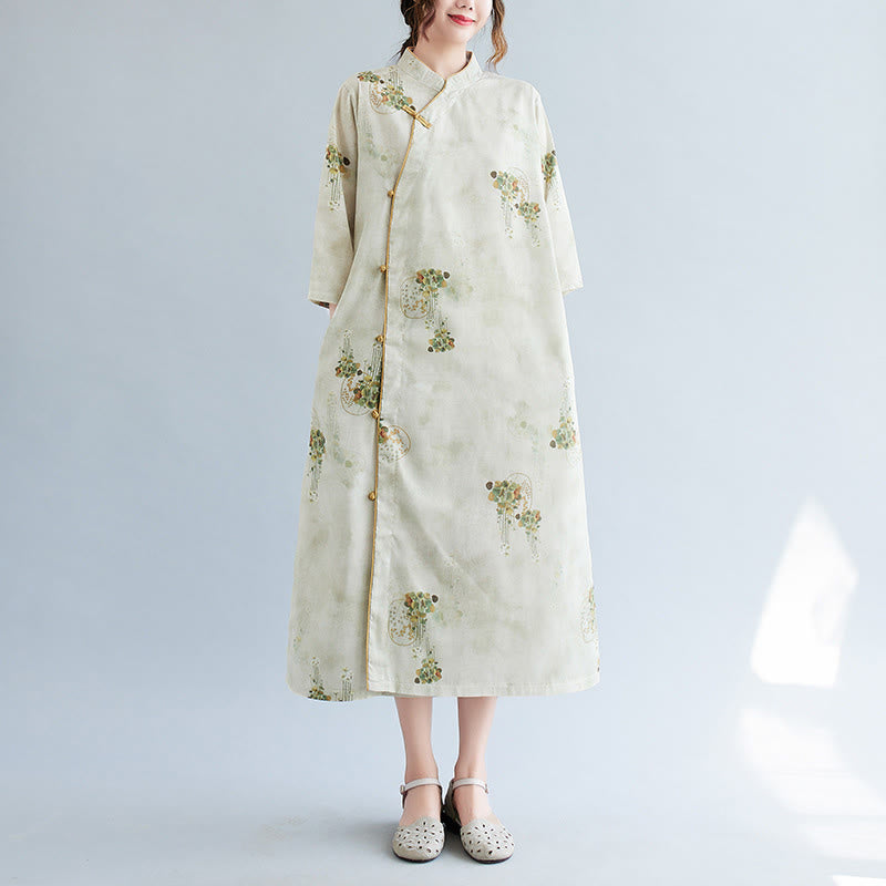Buddha Stones Flowers Green Yellow Leaves Print Cheongsam Midi Dress Three Quarter Sleeve Dress With Pockets - image 3