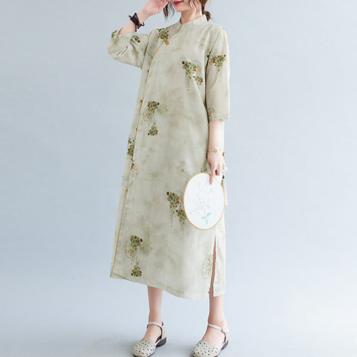 Buddha Stones Flowers Green Yellow Leaves Print Cheongsam Midi Dress Three Quarter Sleeve Dress With Pockets - image 2