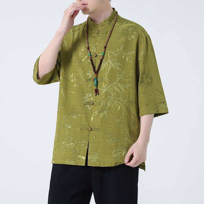 Buddha Stones Peach Blossom Bamboo Leaves Frog-button Chinese Half Sleeve Shirt Men T-shirt - Green(Top Only) - 5XL(Bust 130cm/Shoulder 52cm/Length 74cm) - image 7