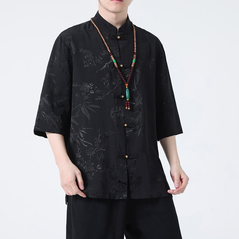 Buddha Stones Peach Blossom Bamboo Leaves Frog-button Chinese Half Sleeve Shirt Men T-shirt - image 1