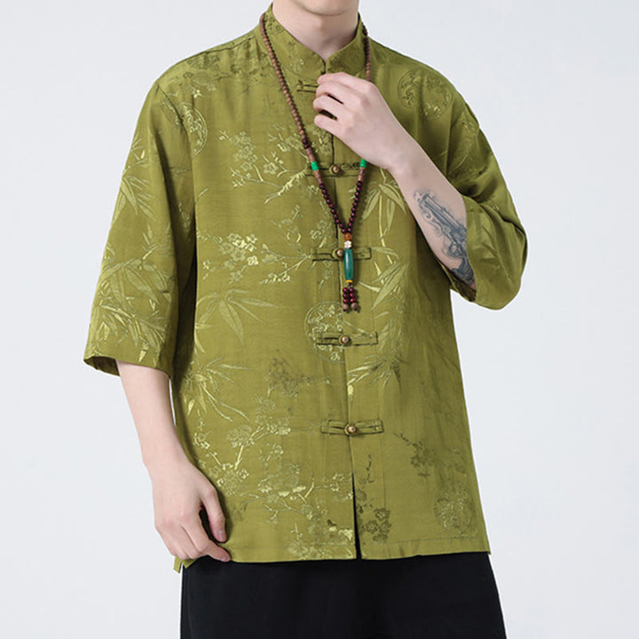 Buddha Stones Peach Blossom Bamboo Leaves Frog-button Chinese Half Sleeve Shirt Men T-shirt - image 8