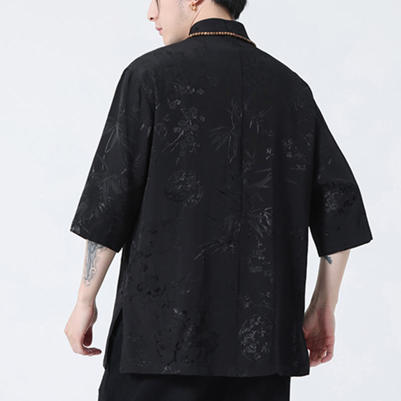 Buddha Stones Peach Blossom Bamboo Leaves Frog-button Chinese Half Sleeve Shirt Men T-shirt - image 2
