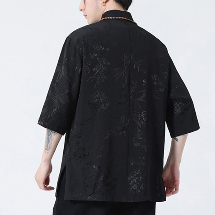 Buddha Stones Peach Blossom Bamboo Leaves Frog-button Chinese Half Sleeve Shirt Men T-shirt - image 2