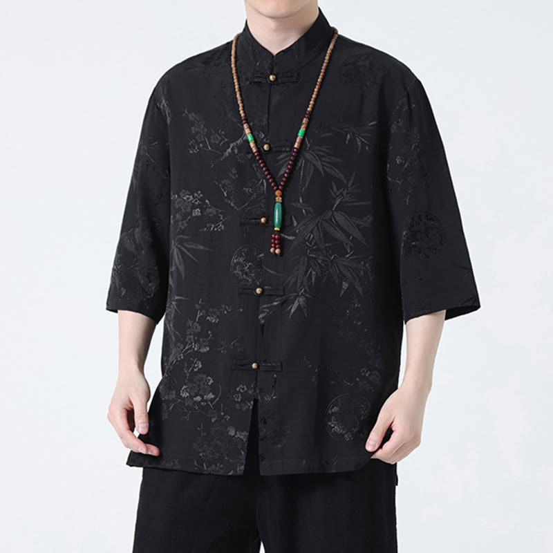 Buddha Stones Peach Blossom Bamboo Leaves Frog-button Chinese Half Sleeve Shirt Men T-shirt - image 5
