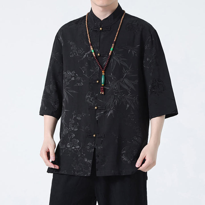 Buddha Stones Peach Blossom Bamboo Leaves Frog-button Chinese Half Sleeve Shirt Men T-shirt - image 5