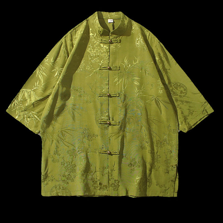 Buddha Stones Peach Blossom Bamboo Leaves Frog-button Chinese Half Sleeve Shirt Men T-shirt - image 15