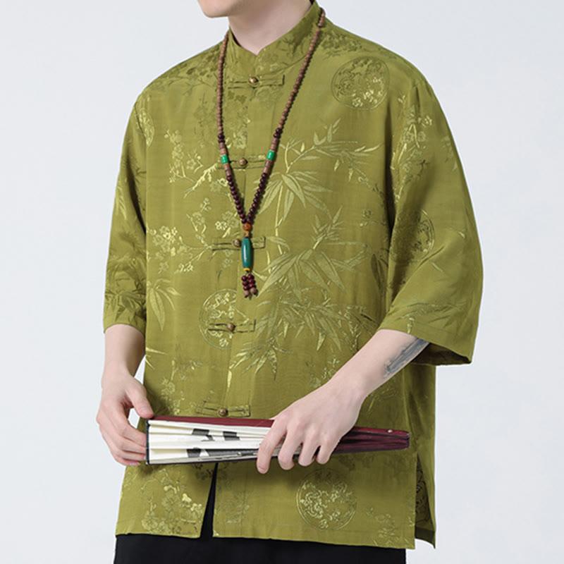 Buddha Stones Peach Blossom Bamboo Leaves Frog-button Chinese Half Sleeve Shirt Men T-shirt - image 10