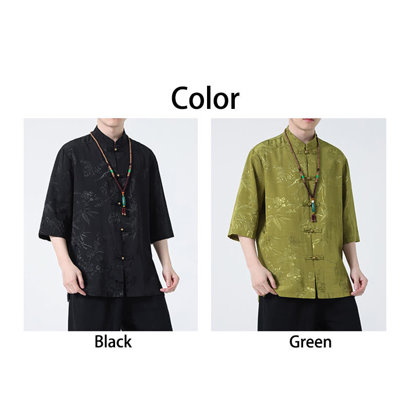 Buddha Stones Peach Blossom Bamboo Leaves Frog-button Chinese Half Sleeve Shirt Men T-shirt - image 16