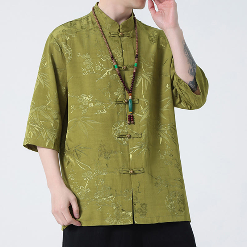 Buddha Stones Peach Blossom Bamboo Leaves Frog-button Chinese Half Sleeve Shirt Men T-shirt - image 11