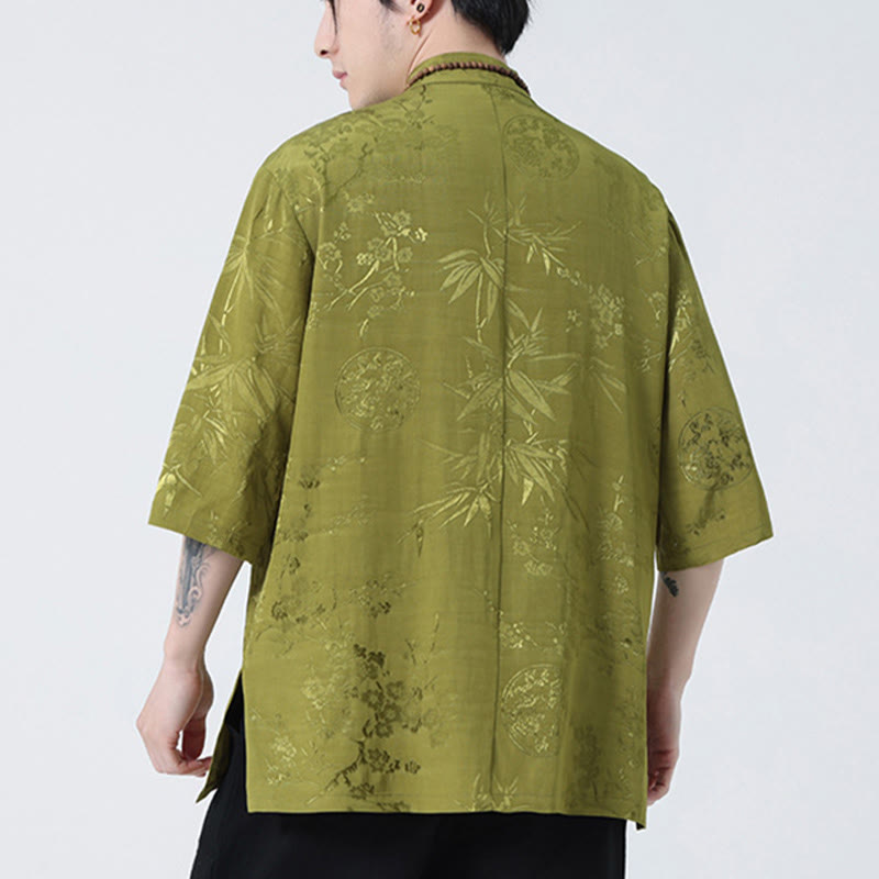 Buddha Stones Peach Blossom Bamboo Leaves Frog-button Chinese Half Sleeve Shirt Men T-shirt - image 9