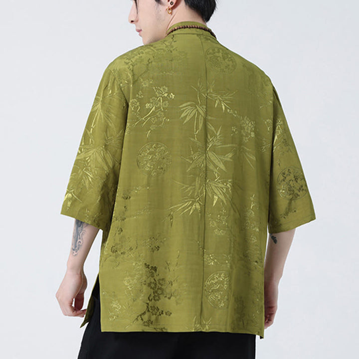 Buddha Stones Peach Blossom Bamboo Leaves Frog-button Chinese Half Sleeve Shirt Men T-shirt - image 9