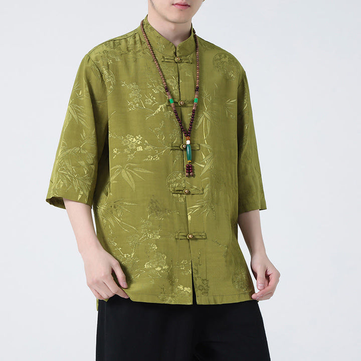 Buddha Stones Peach Blossom Bamboo Leaves Frog-button Chinese Half Sleeve Shirt Men T-shirt - image 13