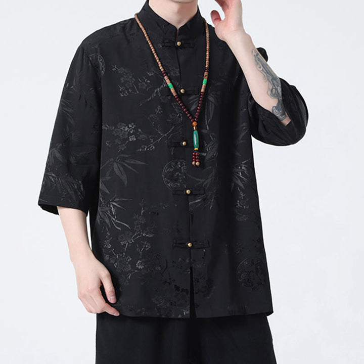 Buddha Stones Peach Blossom Bamboo Leaves Frog-button Chinese Half Sleeve Shirt Men T-shirt - image 4
